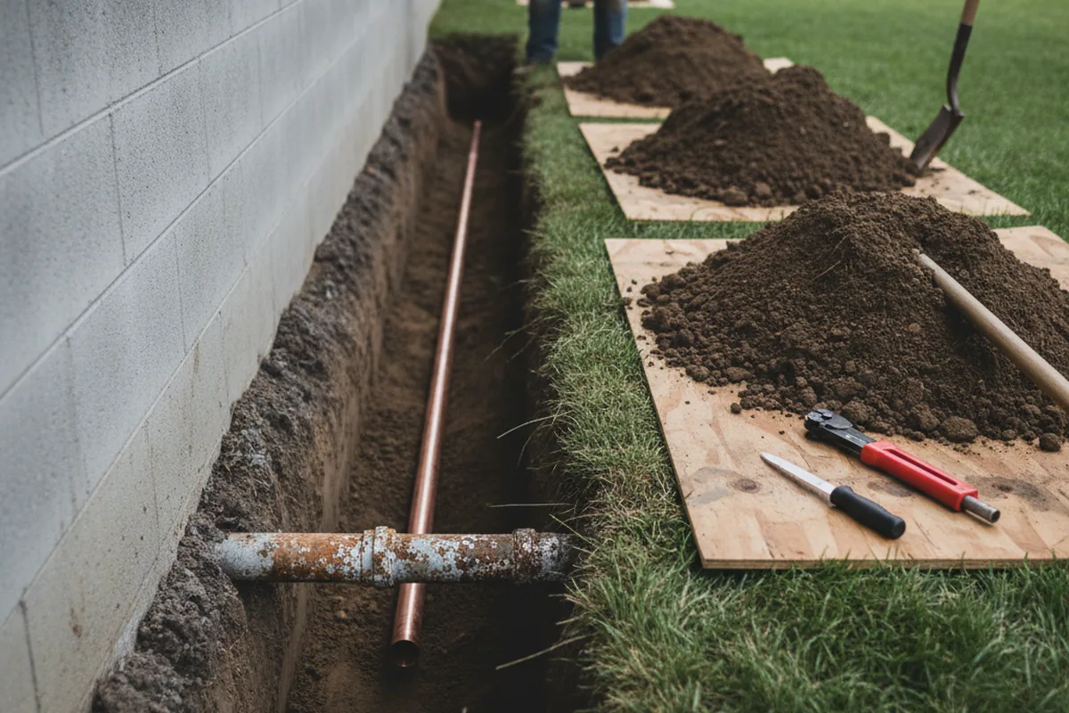 Excavated water line trench during Water Heater Repair in Woodville